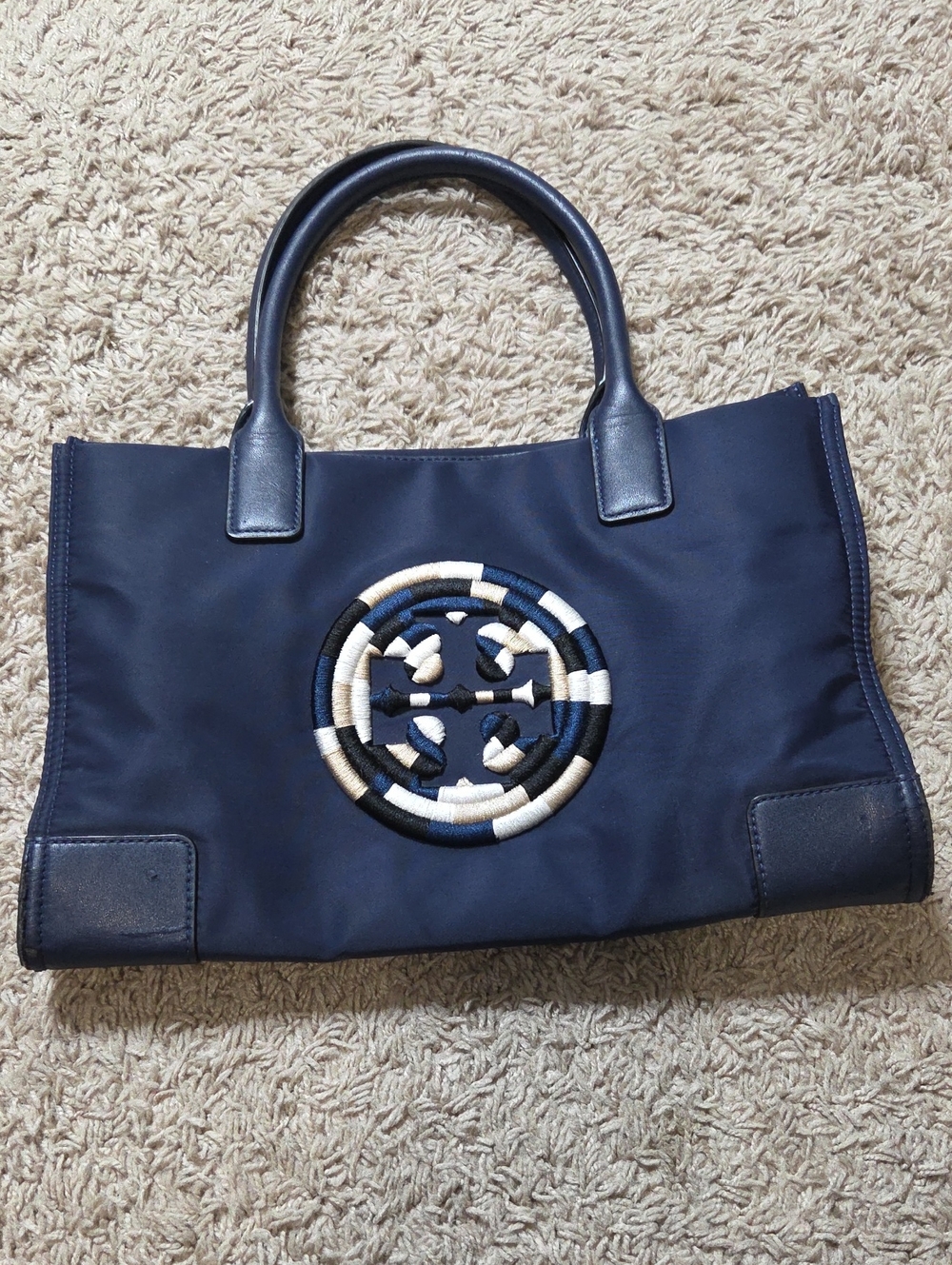 Tory Burch Navy Tote with Braided Logo Medallion